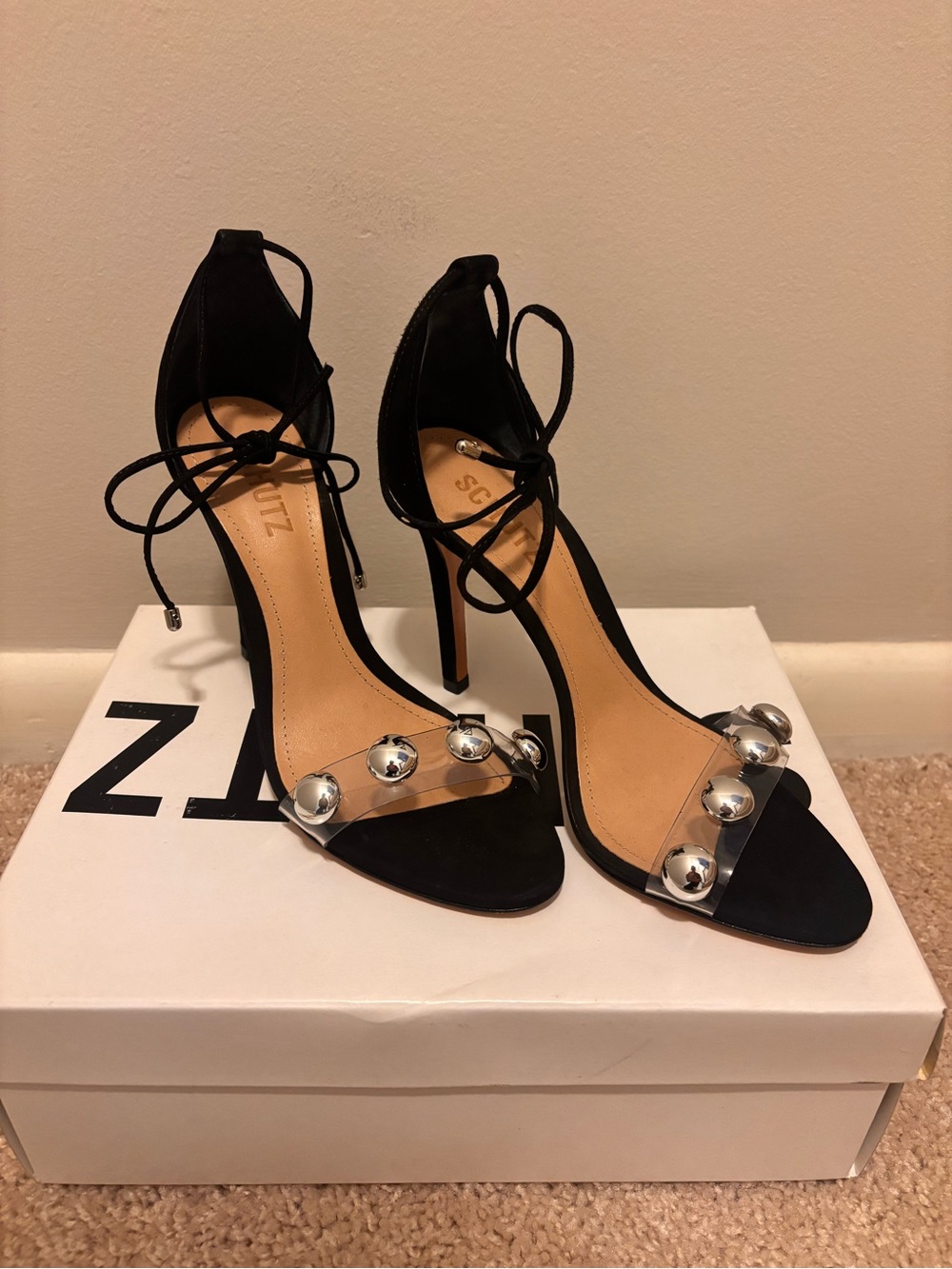 SCHUTZ Black Ankle-Tie High Heel Sandals with Silver Stud Accents